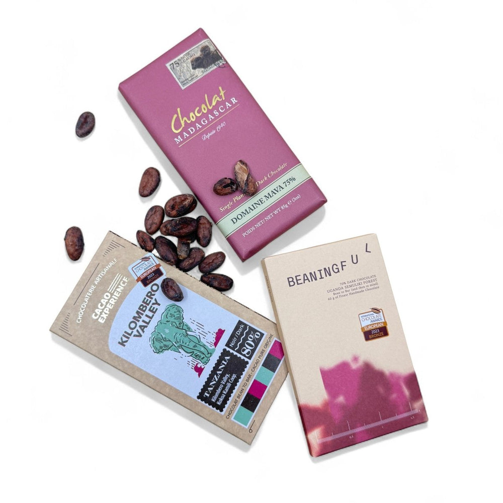Trio de chocolats Bean - to - bar du mois - Chocolats du Monde