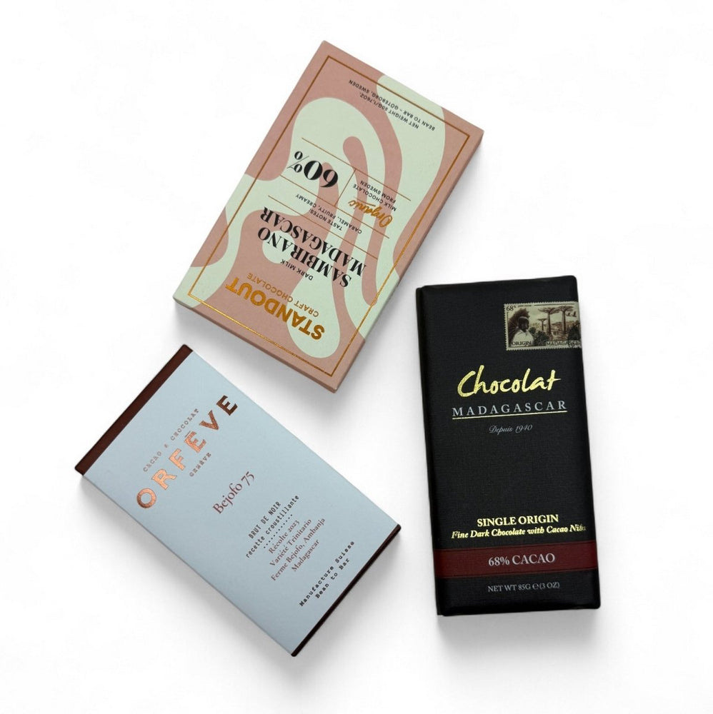 Trio de chocolats Bean - to - bar du mois - Chocolats du Monde